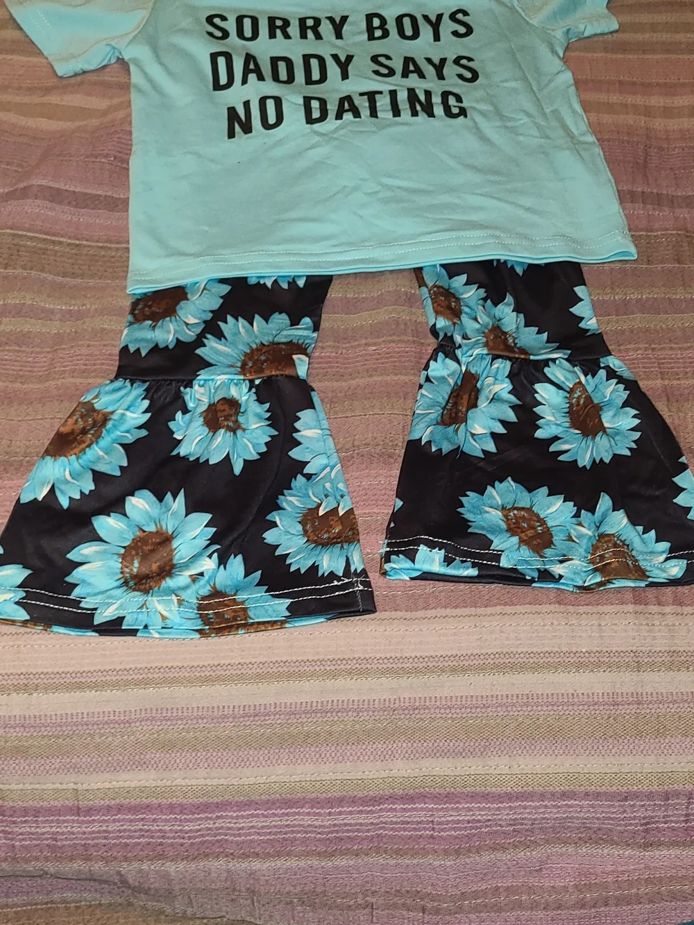 Shein Girls' Black Floral Bell-Bottoms with Turquoise Sunflowers